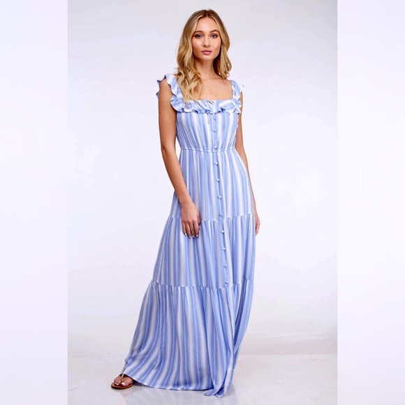 1 L LEFT Blue White Striped Button Down Ruffled Maxi Dress - Picture 10 of 11